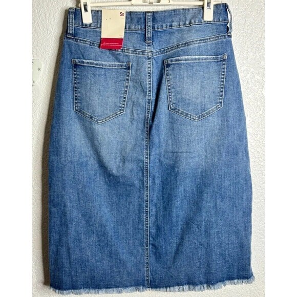 So Front Slit Denim Frayed Bottom Hem Distressed Midi Skirt Blue 11/30W - Picture 2 of 9